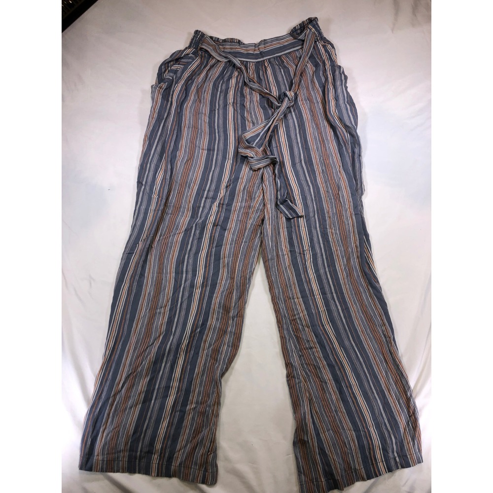 Angie Striped Wide Leg Pants Blue Orange White Rayon Elastic Waist Tie Belt L